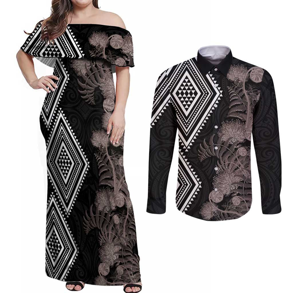 Aotearoa Tukutuku Motif Couples Matching Off Shoulder Maxi Dress and Long Sleeve Button Shirt Pohutukawa and Fern Leaves Grayscale Color LT03 Black - Polynesian Pride