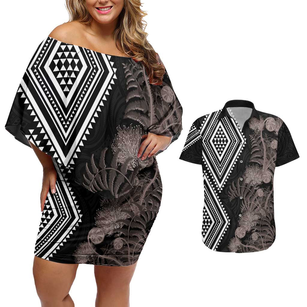 Aotearoa Tukutuku Motif Couples Matching Off Shoulder Short Dress and Hawaiian Shirt Pohutukawa and Fern Leaves Grayscale Color LT03 Black - Polynesian Pride