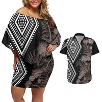 Aotearoa Tukutuku Motif Couples Matching Off Shoulder Short Dress and Hawaiian Shirt Pohutukawa and Fern Leaves Grayscale Color LT03 Black - Polynesian Pride