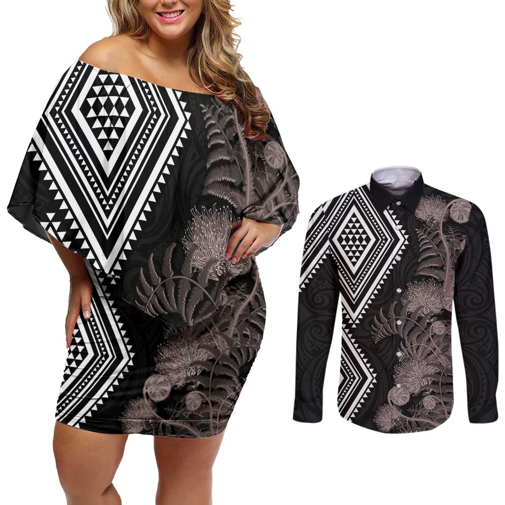 Aotearoa Tukutuku Motif Couples Matching Off Shoulder Short Dress and Long Sleeve Button Shirt Pohutukawa and Fern Leaves Grayscale Color LT03 Black - Polynesian Pride