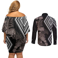 Aotearoa Tukutuku Motif Couples Matching Off Shoulder Short Dress and Long Sleeve Button Shirt Pohutukawa and Fern Leaves Grayscale Color LT03 - Polynesian Pride