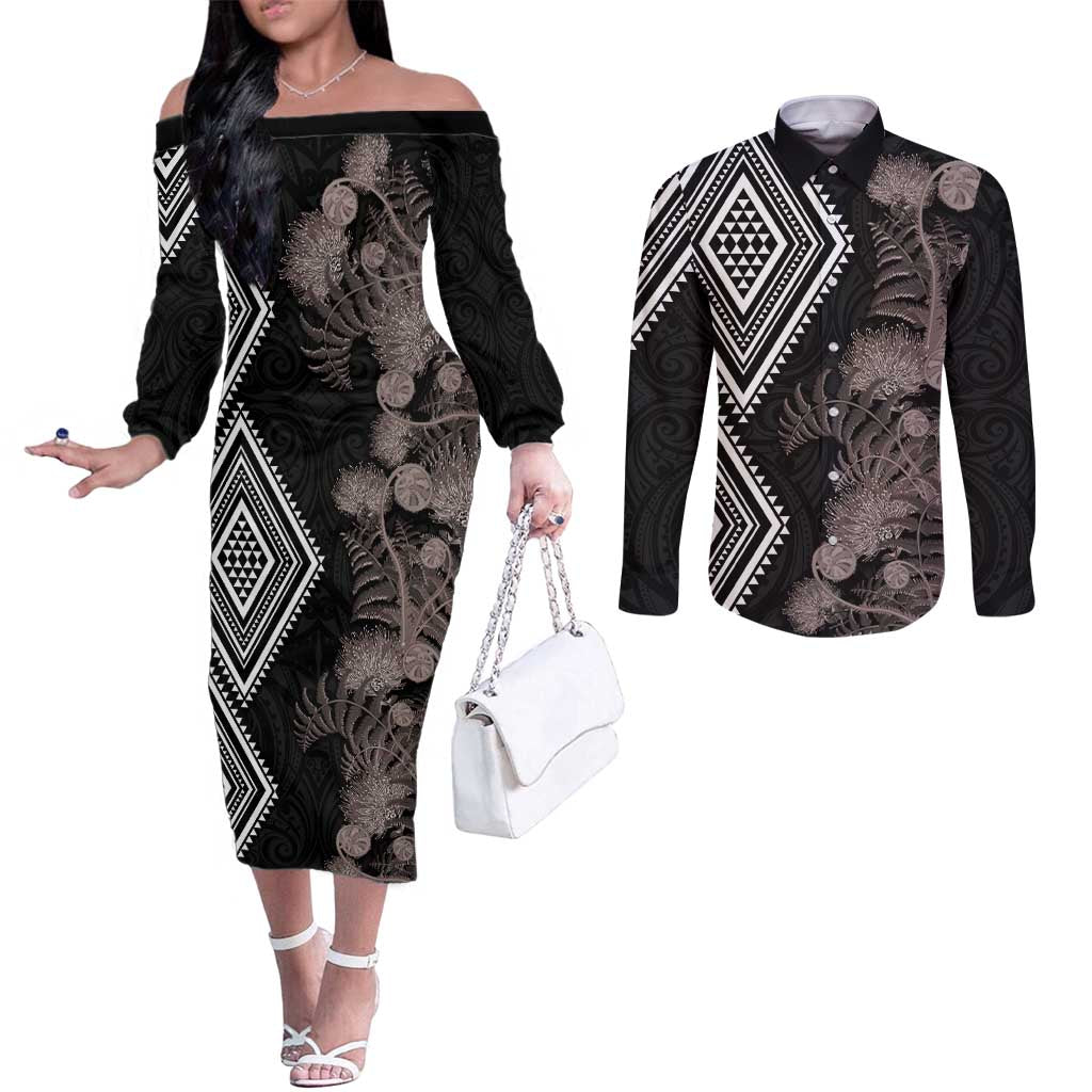 Aotearoa Tukutuku Motif Couples Matching Off The Shoulder Long Sleeve Dress and Long Sleeve Button Shirt Pohutukawa and Fern Leaves Grayscale Color LT03 Black - Polynesian Pride