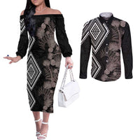 Aotearoa Tukutuku Motif Couples Matching Off The Shoulder Long Sleeve Dress and Long Sleeve Button Shirt Pohutukawa and Fern Leaves Grayscale Color LT03 Black - Polynesian Pride