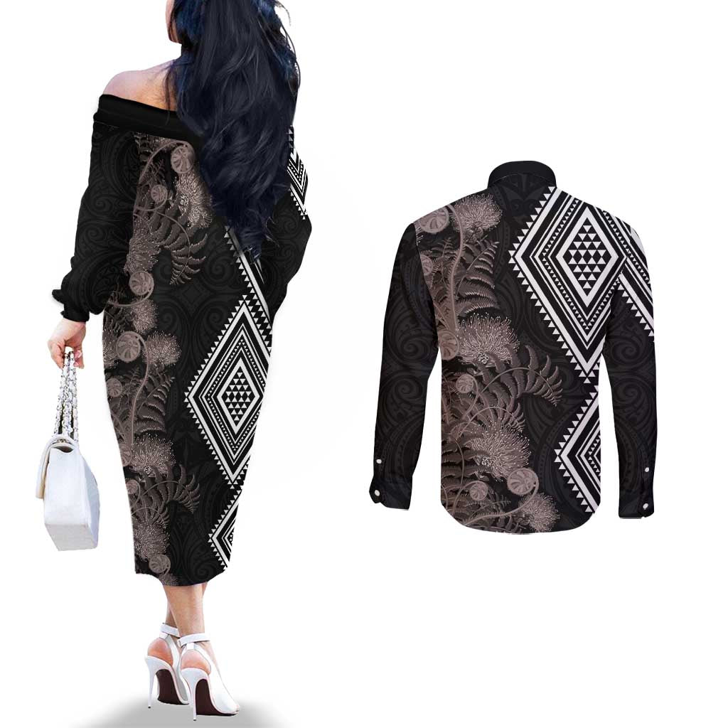 Aotearoa Tukutuku Motif Couples Matching Off The Shoulder Long Sleeve Dress and Long Sleeve Button Shirt Pohutukawa and Fern Leaves Grayscale Color LT03 - Polynesian Pride