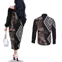 Aotearoa Tukutuku Motif Couples Matching Off The Shoulder Long Sleeve Dress and Long Sleeve Button Shirt Pohutukawa and Fern Leaves Grayscale Color LT03 - Polynesian Pride