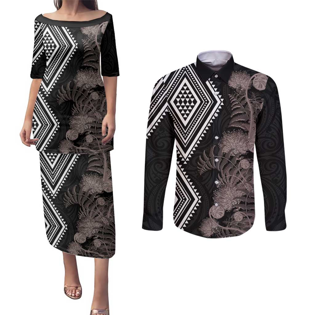 Aotearoa Tukutuku Motif Couples Matching Puletasi and Long Sleeve Button Shirt Pohutukawa and Fern Leaves Grayscale Color LT03 Black - Polynesian Pride