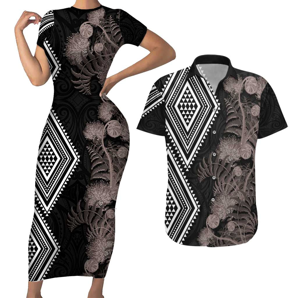 Aotearoa Tukutuku Motif Couples Matching Short Sleeve Bodycon Dress and Hawaiian Shirt Pohutukawa and Fern Leaves Grayscale Color LT03 Black - Polynesian Pride