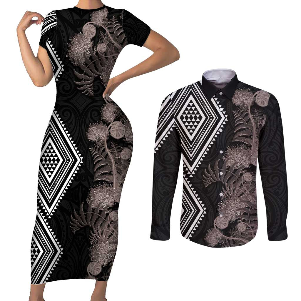 Aotearoa Tukutuku Motif Couples Matching Short Sleeve Bodycon Dress and Long Sleeve Button Shirt Pohutukawa and Fern Leaves Grayscale Color LT03 Black - Polynesian Pride