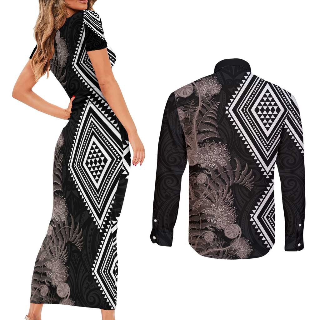 Aotearoa Tukutuku Motif Couples Matching Short Sleeve Bodycon Dress and Long Sleeve Button Shirt Pohutukawa and Fern Leaves Grayscale Color LT03 - Polynesian Pride