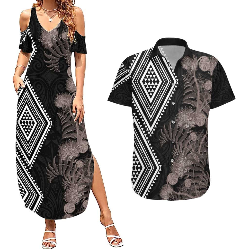 Aotearoa Tukutuku Motif Couples Matching Summer Maxi Dress and Hawaiian Shirt Pohutukawa and Fern Leaves Grayscale Color LT03 Black - Polynesian Pride
