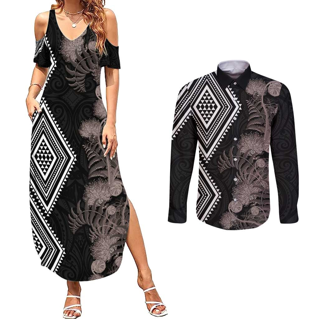 Aotearoa Tukutuku Motif Couples Matching Summer Maxi Dress and Long Sleeve Button Shirt Pohutukawa and Fern Leaves Grayscale Color LT03 Black - Polynesian Pride