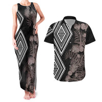 Aotearoa Tukutuku Motif Couples Matching Tank Maxi Dress and Hawaiian Shirt Pohutukawa and Fern Leaves Grayscale Color LT03 Black - Polynesian Pride