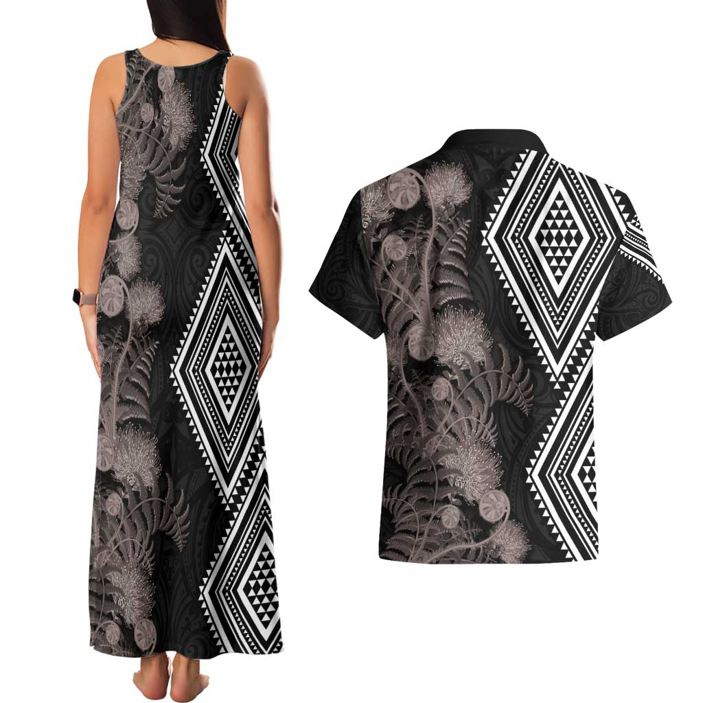 Aotearoa Tukutuku Motif Couples Matching Tank Maxi Dress and Hawaiian Shirt Pohutukawa and Fern Leaves Grayscale Color LT03 - Polynesian Pride