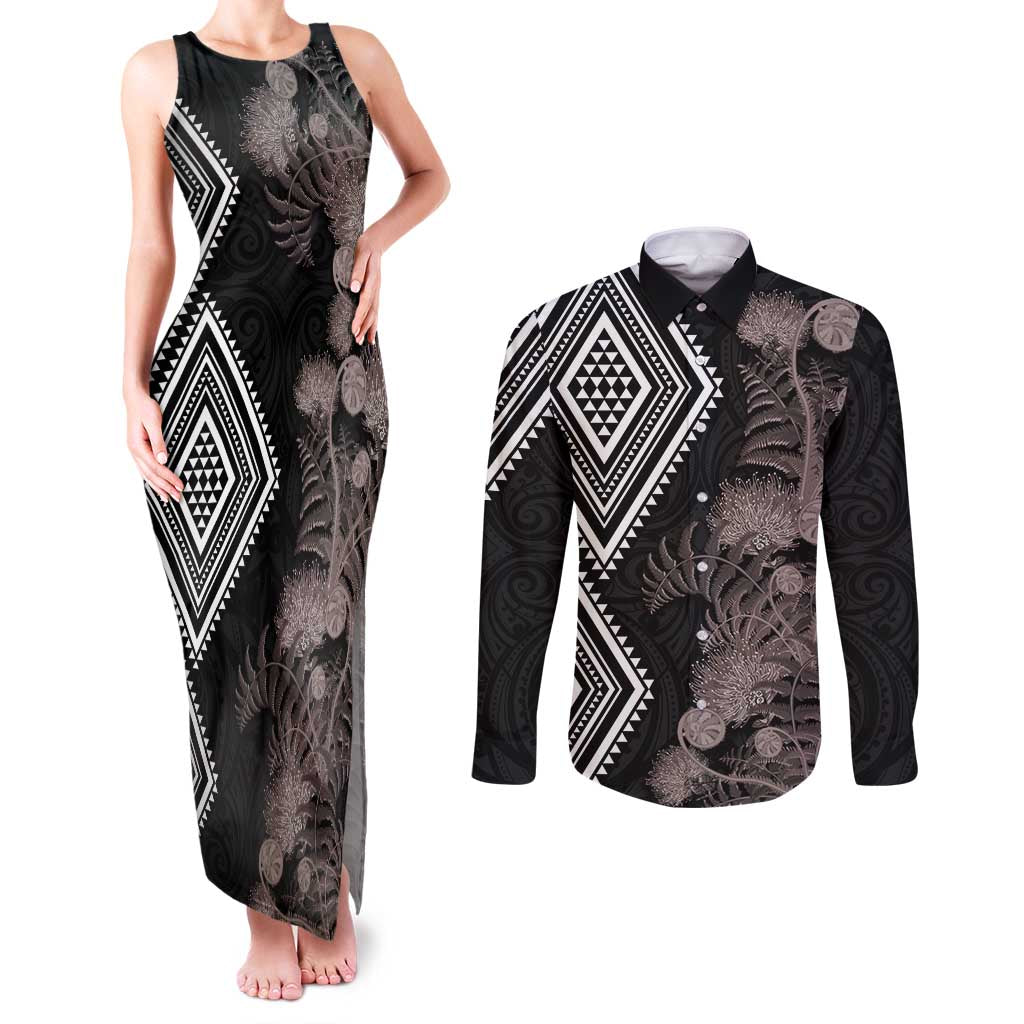 Aotearoa Tukutuku Motif Couples Matching Tank Maxi Dress and Long Sleeve Button Shirt Pohutukawa and Fern Leaves Grayscale Color LT03 Black - Polynesian Pride