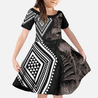 Aotearoa Tukutuku Motif Family Matching Long Sleeve Bodycon Dress and Hawaiian Shirt Pohutukawa and Fern Leaves Grayscale Color LT03 Daughter's Dress Black - Polynesian Pride