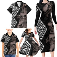 Aotearoa Tukutuku Motif Family Matching Long Sleeve Bodycon Dress and Hawaiian Shirt Pohutukawa and Fern Leaves Grayscale Color LT03 - Polynesian Pride