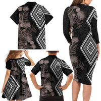 Aotearoa Tukutuku Motif Family Matching Long Sleeve Bodycon Dress and Hawaiian Shirt Pohutukawa and Fern Leaves Grayscale Color LT03 - Polynesian Pride