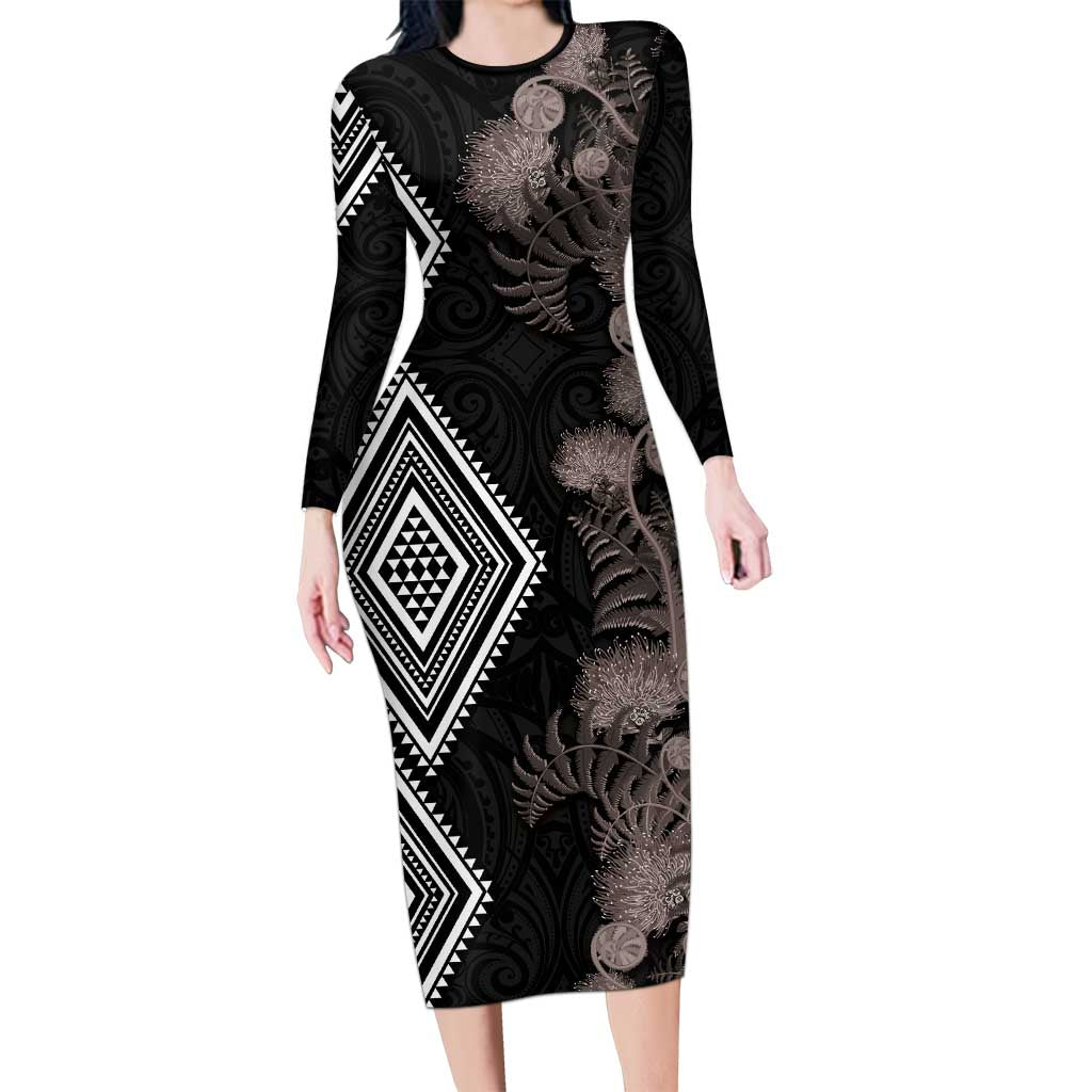 Aotearoa Tukutuku Motif Family Matching Long Sleeve Bodycon Dress and Hawaiian Shirt Pohutukawa and Fern Leaves Grayscale Color LT03 Mom's Dress Black - Polynesian Pride