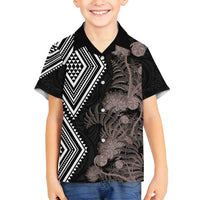 Aotearoa Tukutuku Motif Family Matching Long Sleeve Bodycon Dress and Hawaiian Shirt Pohutukawa and Fern Leaves Grayscale Color LT03 Son's Shirt Black - Polynesian Pride