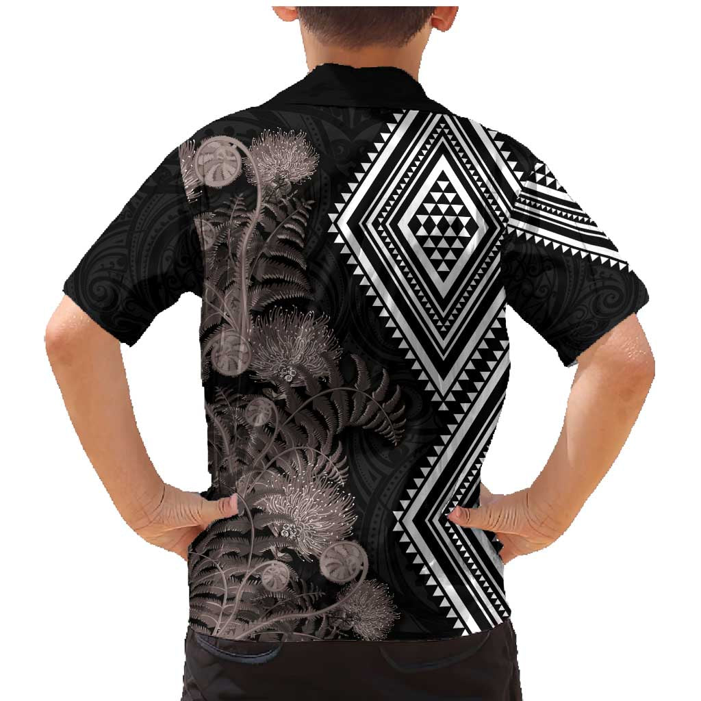 Aotearoa Tukutuku Motif Family Matching Mermaid Dress and Hawaiian Shirt Pohutukawa and Fern Leaves Grayscale Color LT03 - Polynesian Pride