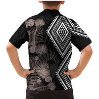 Aotearoa Tukutuku Motif Family Matching Mermaid Dress and Hawaiian Shirt Pohutukawa and Fern Leaves Grayscale Color LT03 - Polynesian Pride