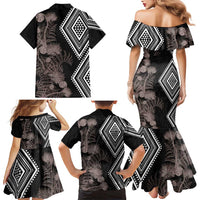 Aotearoa Tukutuku Motif Family Matching Mermaid Dress and Hawaiian Shirt Pohutukawa and Fern Leaves Grayscale Color LT03 - Polynesian Pride
