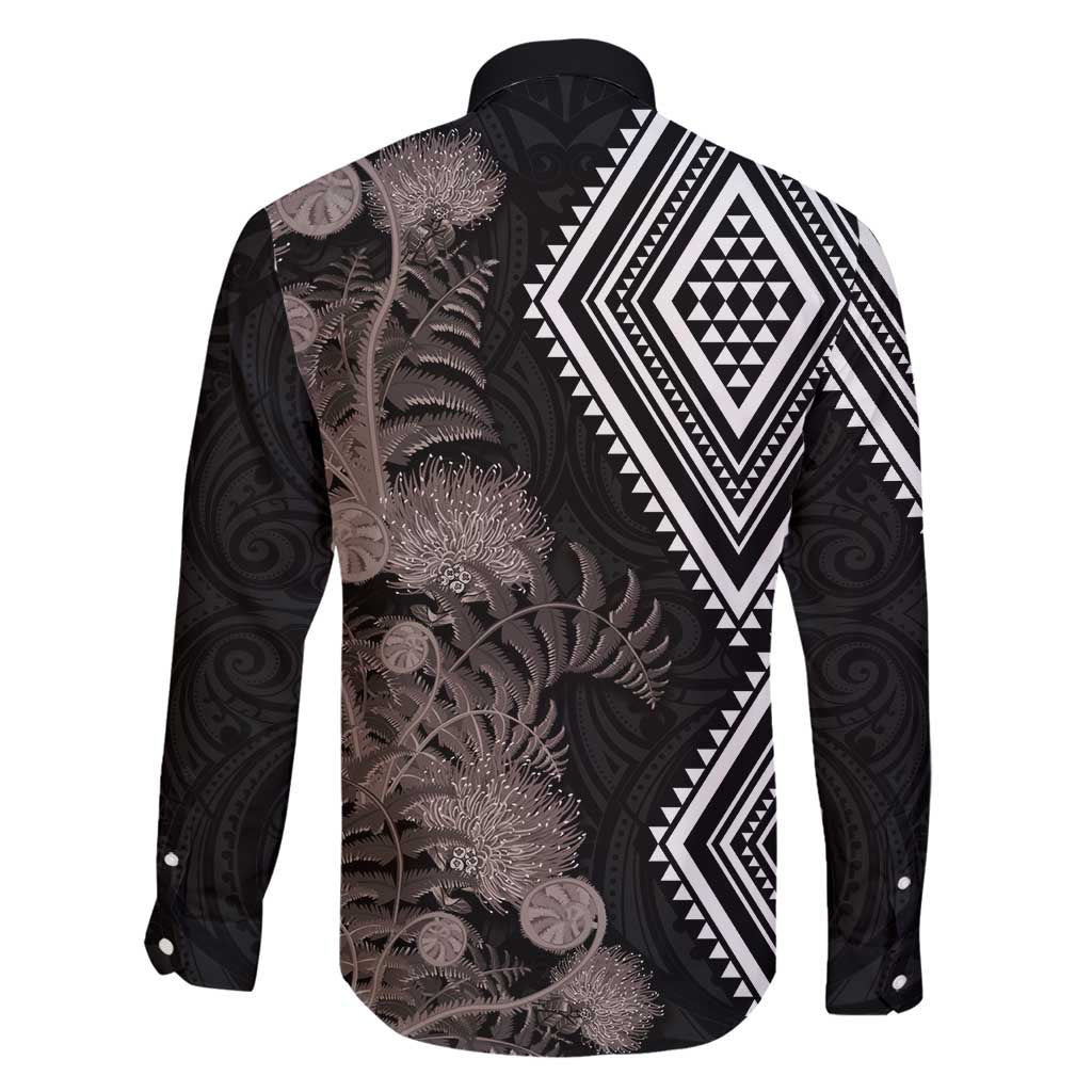 Aotearoa Tukutuku Motif Family Matching Mermaid Dress and Hawaiian Shirt Pohutukawa and Fern Leaves Grayscale Color LT03 - Polynesian Pride