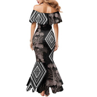 Aotearoa Tukutuku Motif Family Matching Mermaid Dress and Hawaiian Shirt Pohutukawa and Fern Leaves Grayscale Color LT03 - Polynesian Pride