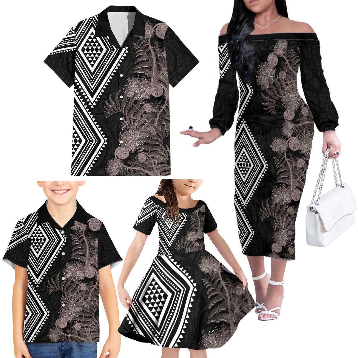 Aotearoa Tukutuku Motif Family Matching Off The Shoulder Long Sleeve Dress and Hawaiian Shirt Pohutukawa and Fern Leaves Grayscale Color LT03 - Polynesian Pride