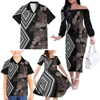 Aotearoa Tukutuku Motif Family Matching Off The Shoulder Long Sleeve Dress and Hawaiian Shirt Pohutukawa and Fern Leaves Grayscale Color LT03 - Polynesian Pride