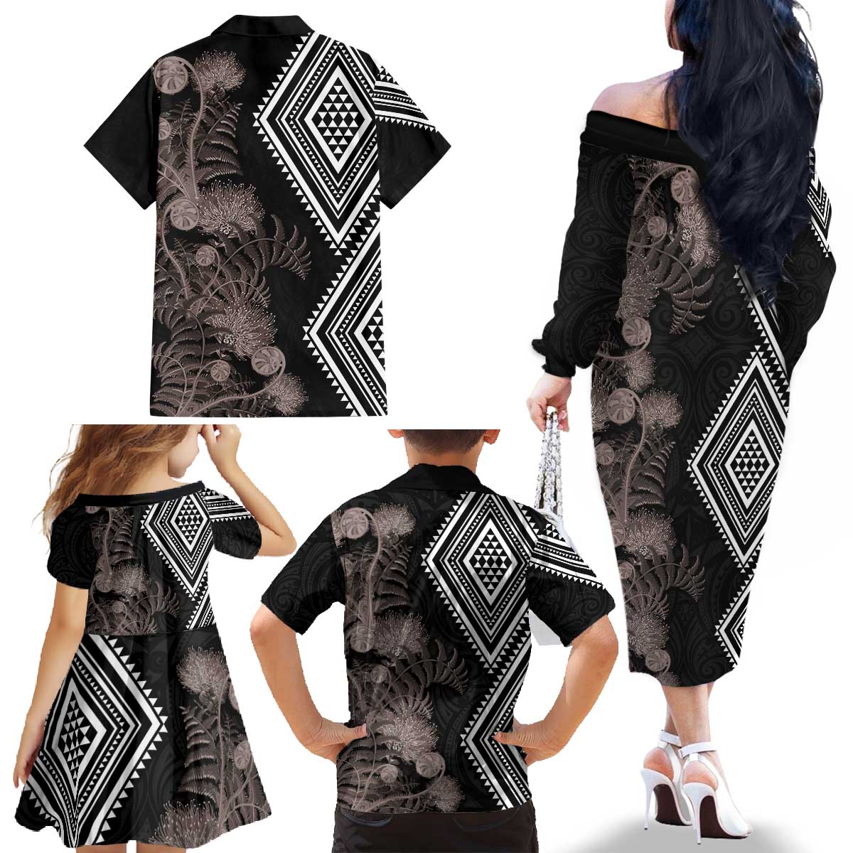 Aotearoa Tukutuku Motif Family Matching Off The Shoulder Long Sleeve Dress and Hawaiian Shirt Pohutukawa and Fern Leaves Grayscale Color LT03 - Polynesian Pride