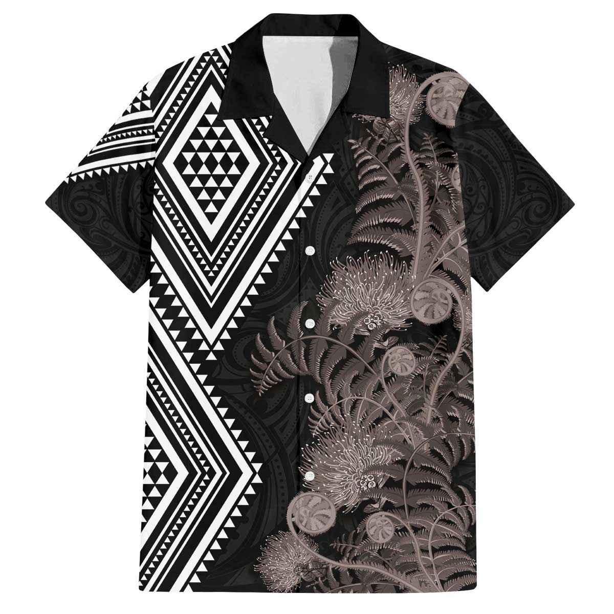 Aotearoa Tukutuku Motif Family Matching Off The Shoulder Long Sleeve Dress and Hawaiian Shirt Pohutukawa and Fern Leaves Grayscale Color LT03 Dad's Shirt - Short Sleeve Black - Polynesian Pride