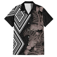 Aotearoa Tukutuku Motif Family Matching Off The Shoulder Long Sleeve Dress and Hawaiian Shirt Pohutukawa and Fern Leaves Grayscale Color LT03 Dad's Shirt - Short Sleeve Black - Polynesian Pride