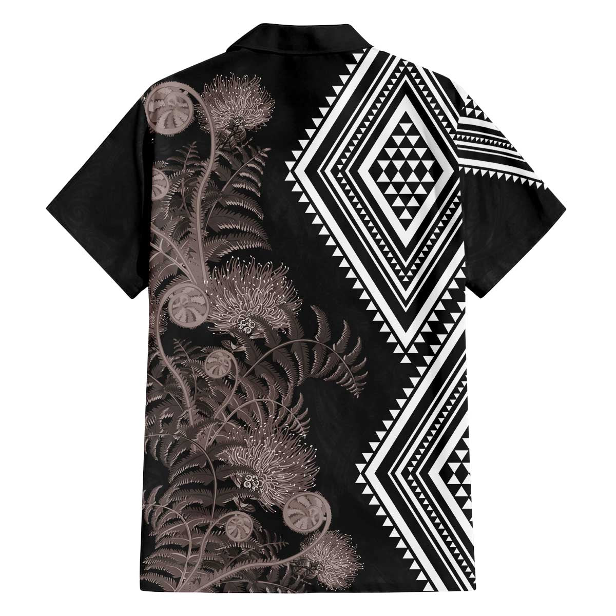 Aotearoa Tukutuku Motif Family Matching Off The Shoulder Long Sleeve Dress and Hawaiian Shirt Pohutukawa and Fern Leaves Grayscale Color LT03 - Polynesian Pride