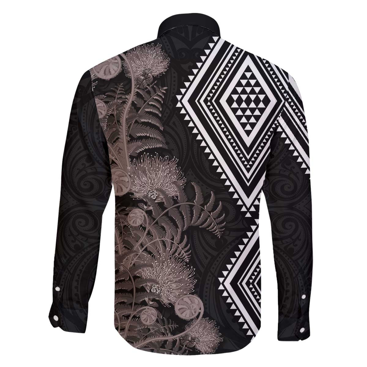 Aotearoa Tukutuku Motif Family Matching Off The Shoulder Long Sleeve Dress and Hawaiian Shirt Pohutukawa and Fern Leaves Grayscale Color LT03 - Polynesian Pride
