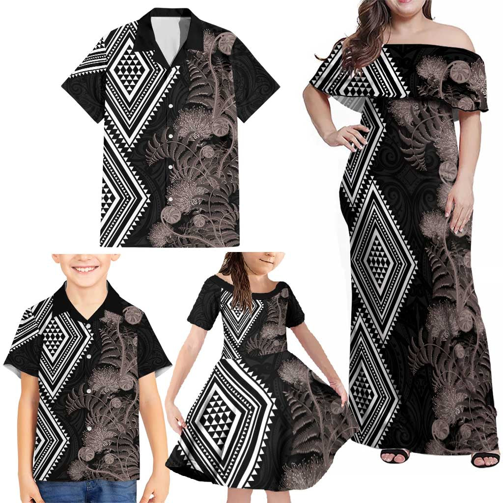 Aotearoa Tukutuku Motif Family Matching Off Shoulder Maxi Dress and Hawaiian Shirt Pohutukawa and Fern Leaves Grayscale Color LT03 - Polynesian Pride