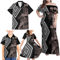 Aotearoa Tukutuku Motif Family Matching Off Shoulder Maxi Dress and Hawaiian Shirt Pohutukawa and Fern Leaves Grayscale Color LT03 - Polynesian Pride
