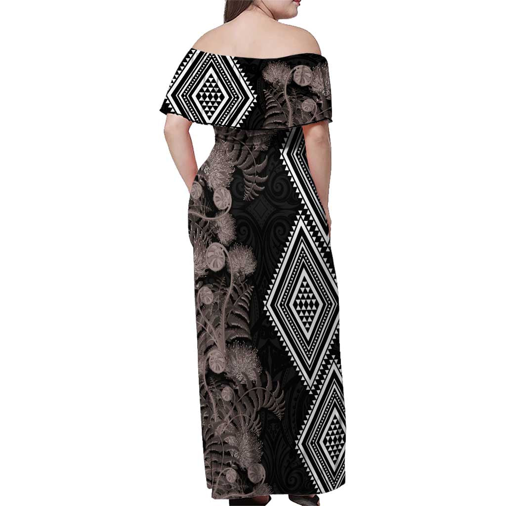 Aotearoa Tukutuku Motif Family Matching Off Shoulder Maxi Dress and Hawaiian Shirt Pohutukawa and Fern Leaves Grayscale Color LT03 - Polynesian Pride