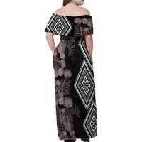 Aotearoa Tukutuku Motif Family Matching Off Shoulder Maxi Dress and Hawaiian Shirt Pohutukawa and Fern Leaves Grayscale Color LT03 - Polynesian Pride