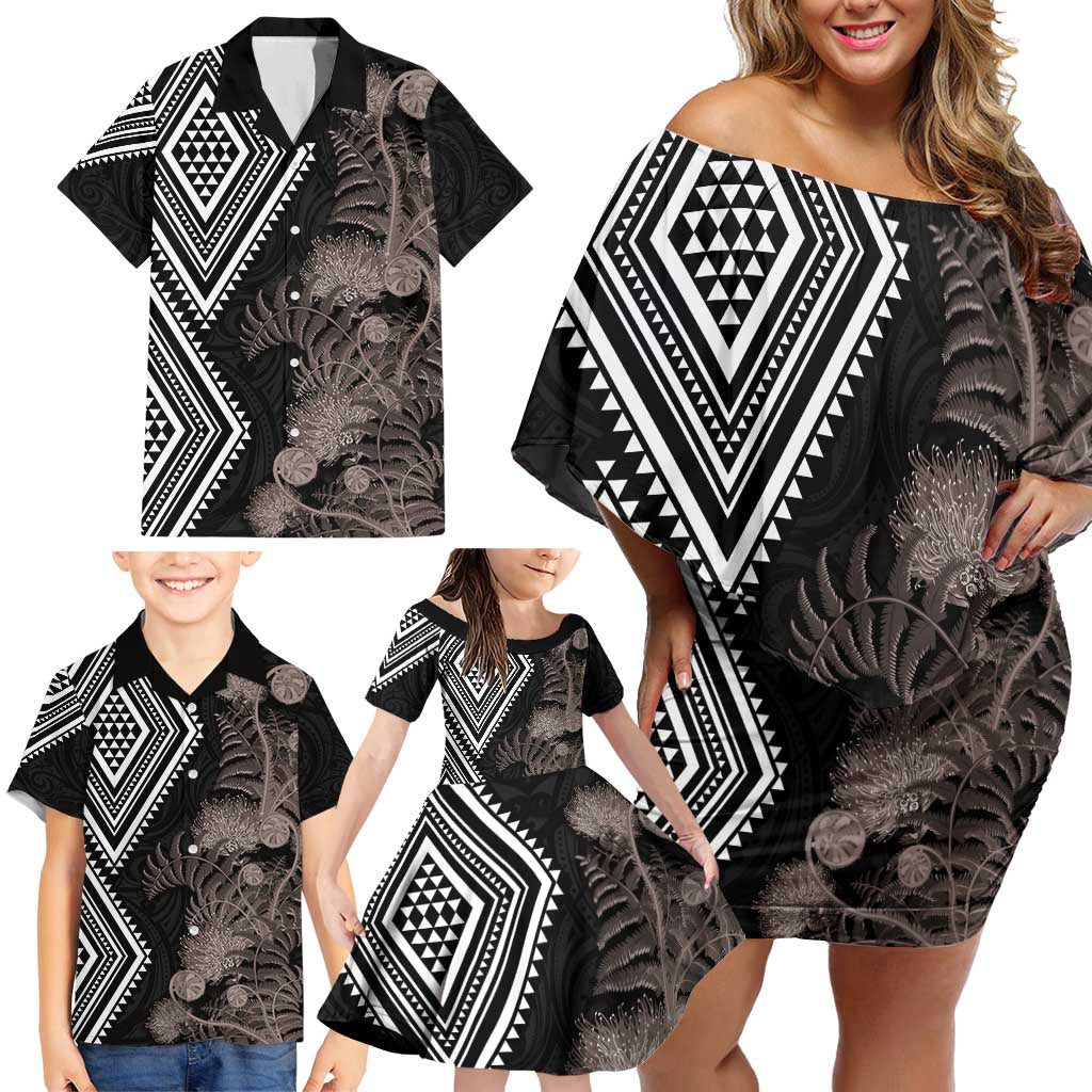 Aotearoa Tukutuku Motif Family Matching Off Shoulder Short Dress and Hawaiian Shirt Pohutukawa and Fern Leaves Grayscale Color LT03 - Polynesian Pride