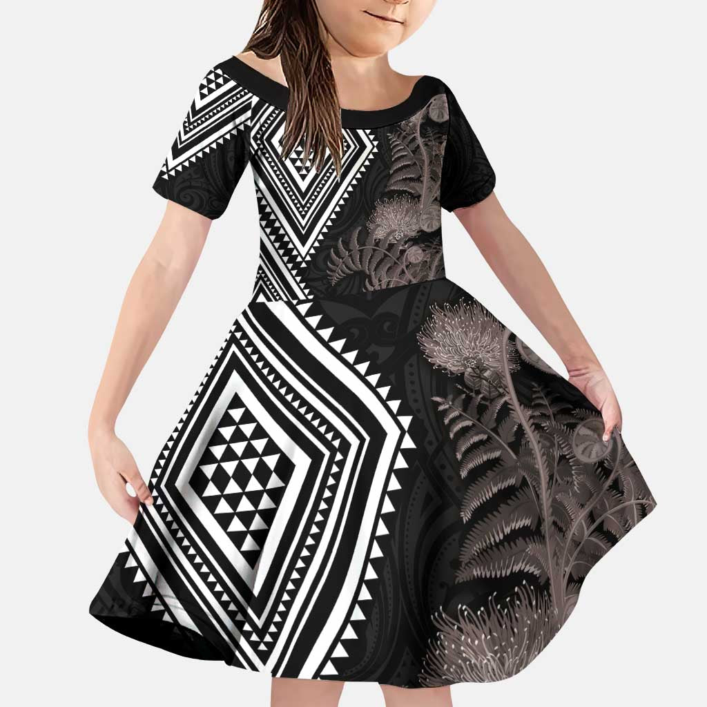 Aotearoa Tukutuku Motif Family Matching Puletasi and Hawaiian Shirt Pohutukawa and Fern Leaves Grayscale Color LT03 Daughter's Dress Black - Polynesian Pride