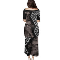 Aotearoa Tukutuku Motif Family Matching Puletasi and Hawaiian Shirt Pohutukawa and Fern Leaves Grayscale Color LT03 - Polynesian Pride