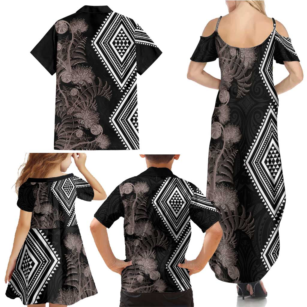 Aotearoa Tukutuku Motif Family Matching Summer Maxi Dress and Hawaiian Shirt Pohutukawa and Fern Leaves Grayscale Color LT03 - Polynesian Pride
