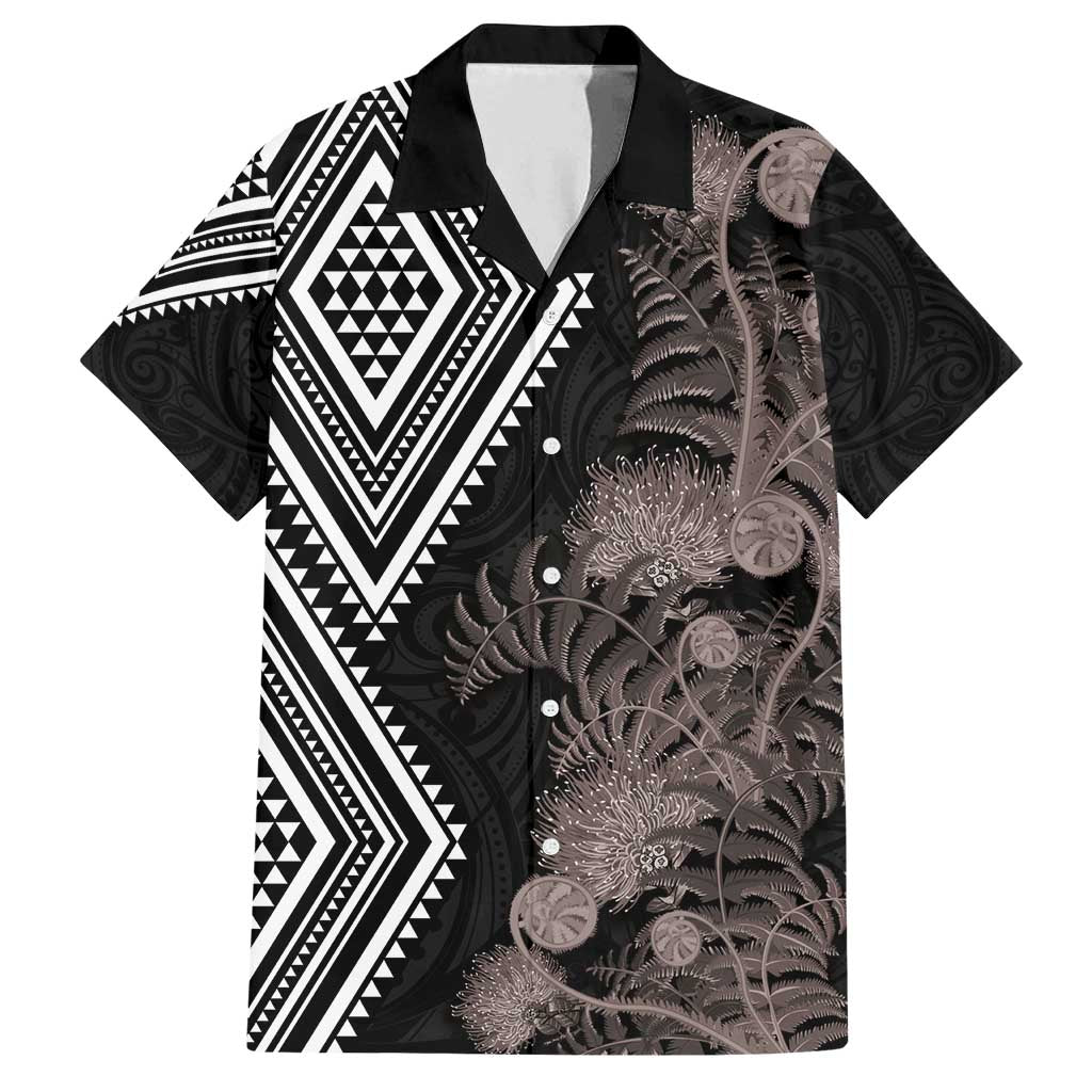 Aotearoa Tukutuku Motif Family Matching Summer Maxi Dress and Hawaiian Shirt Pohutukawa and Fern Leaves Grayscale Color LT03 Dad's Shirt - Short Sleeve Black - Polynesian Pride