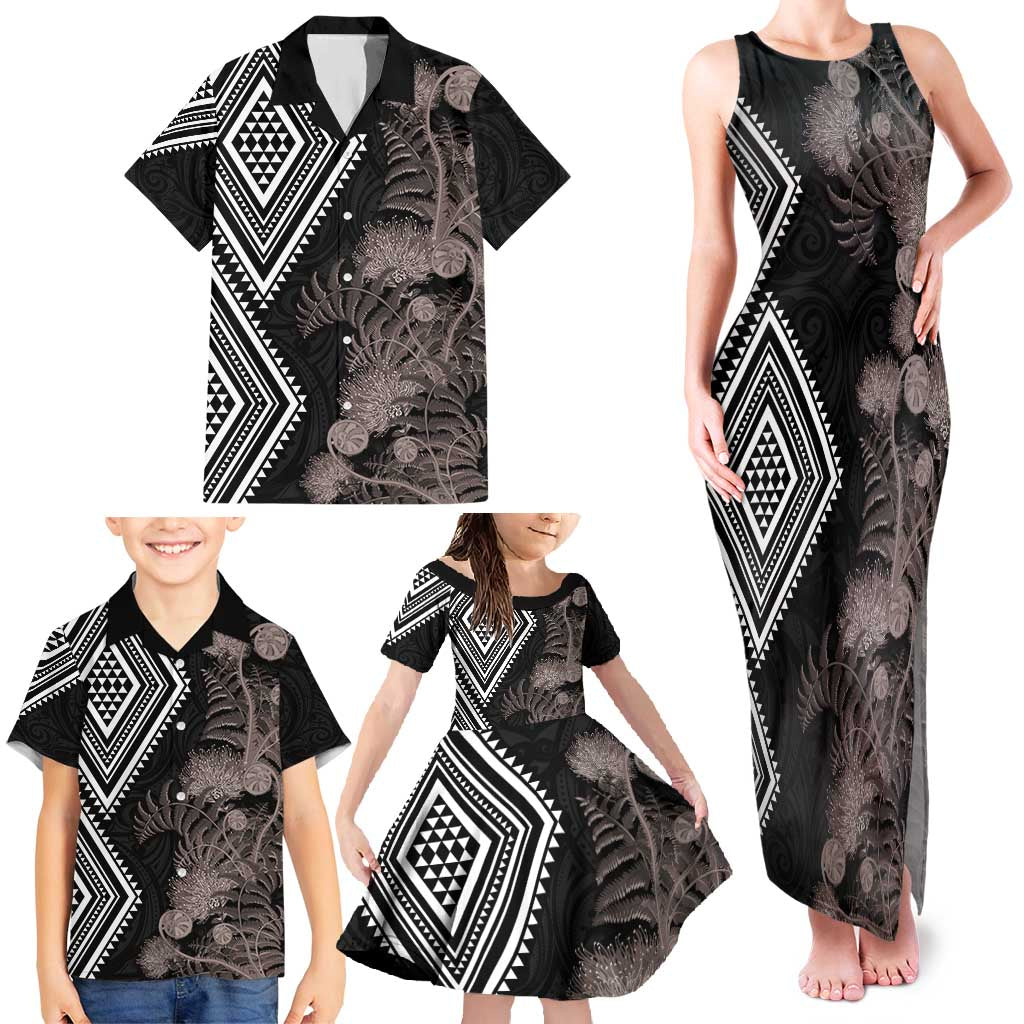 Aotearoa Tukutuku Motif Family Matching Tank Maxi Dress and Hawaiian Shirt Pohutukawa and Fern Leaves Grayscale Color LT03 - Polynesian Pride