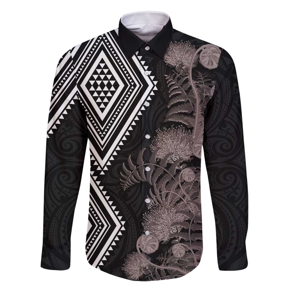 Aotearoa Tukutuku Motif Family Matching Tank Maxi Dress and Hawaiian Shirt Pohutukawa and Fern Leaves Grayscale Color LT03 Dad's Shirt - Long Sleeve Black - Polynesian Pride
