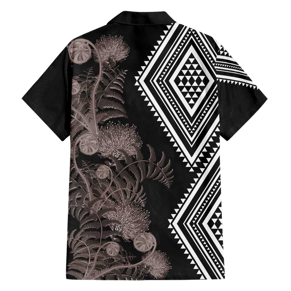 Aotearoa Tukutuku Motif Hawaiian Shirt Pohutukawa and Fern Leaves Grayscale Color LT03 - Polynesian Pride