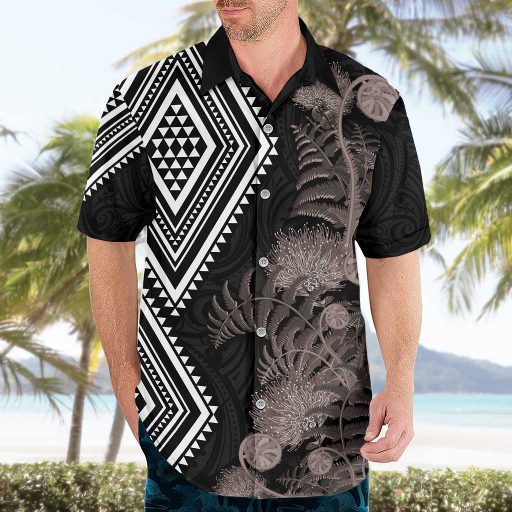 Aotearoa Tukutuku Motif Hawaiian Shirt Pohutukawa and Fern Leaves Grayscale Color LT03 - Polynesian Pride