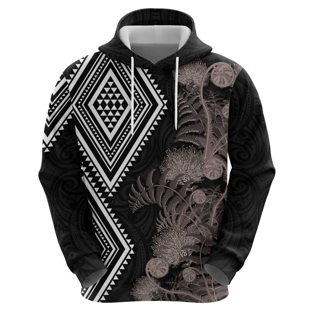Aotearoa Tukutuku Motif Hoodie Pohutukawa and Fern Leaves Grayscale Color LT03 - Polynesian Pride