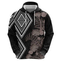Aotearoa Tukutuku Motif Hoodie Pohutukawa and Fern Leaves Grayscale Color LT03 - Polynesian Pride